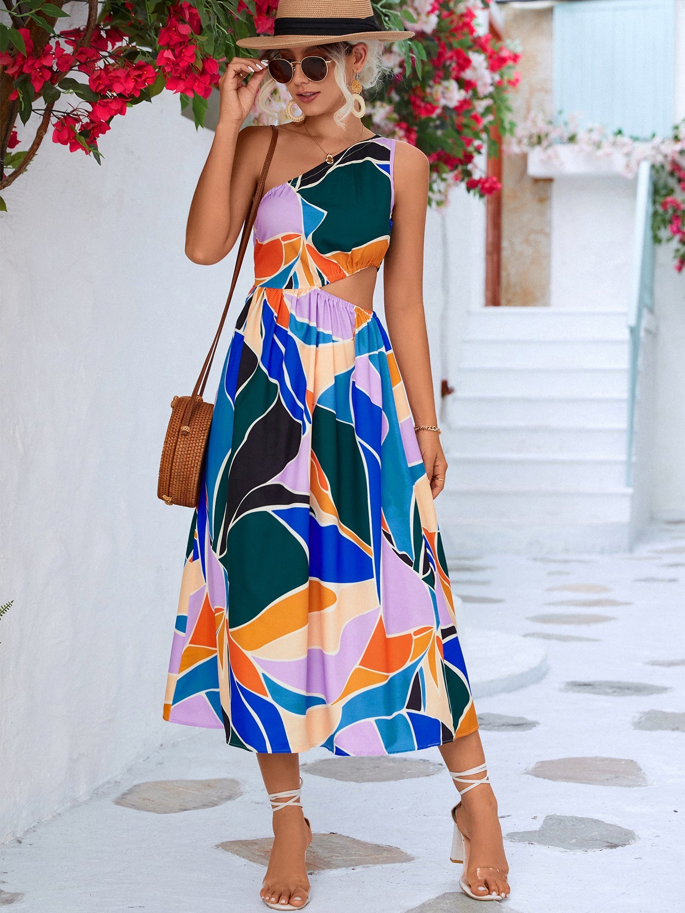Vibrant Forest Cutout One-Shoulder Sleeveless Dress