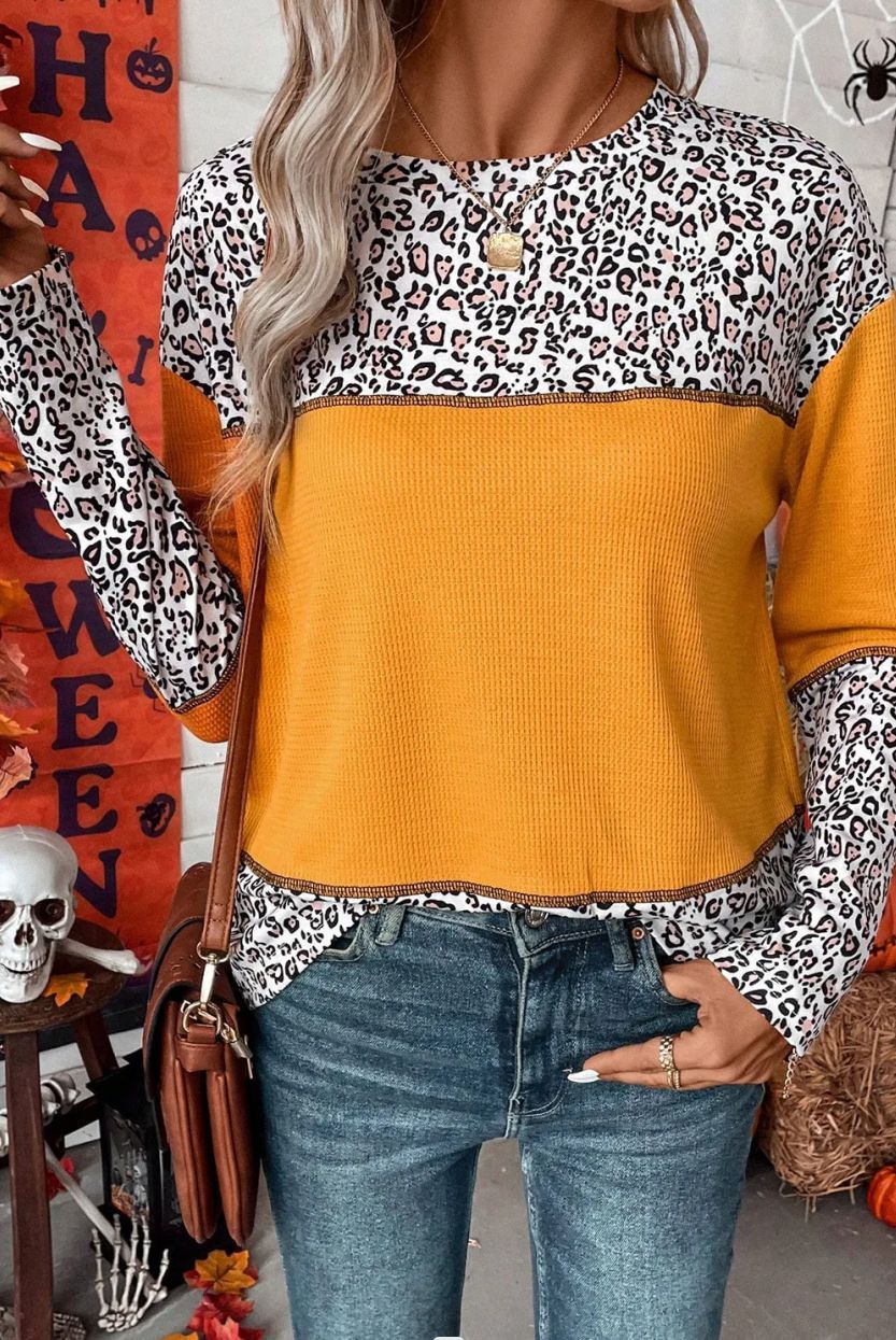 Leopard Print Round Neck Waffle Top Sweater with Long Sleeves