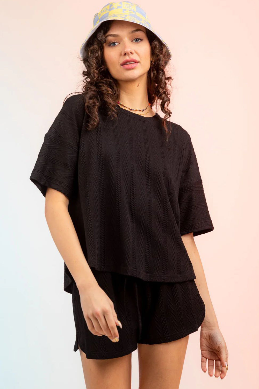 Buttoned Textured Round Neck Top and Shorts Set