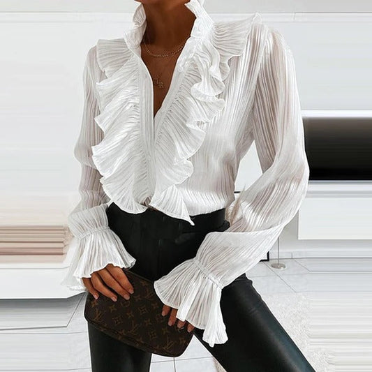 Modern Flare Ruffled Pleated Chiffon Collar Shirt
