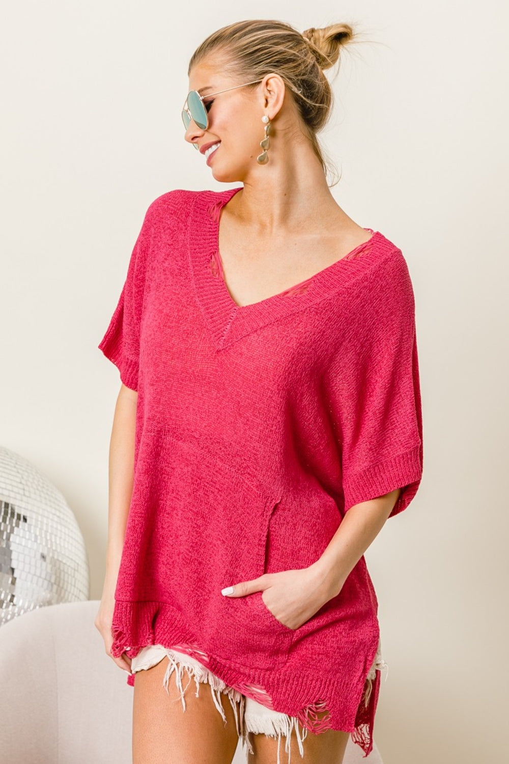 Fuchsia V-Neck Slit Sweater w/ Distressed Hem