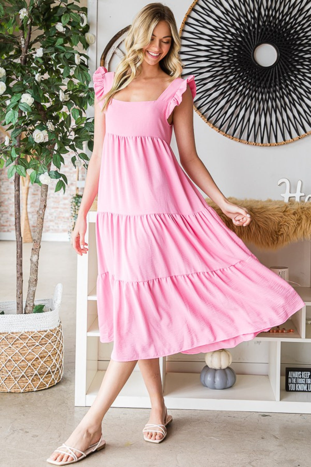 Sugar Pink Ruffled Sleeveless Tiered Midi Dress