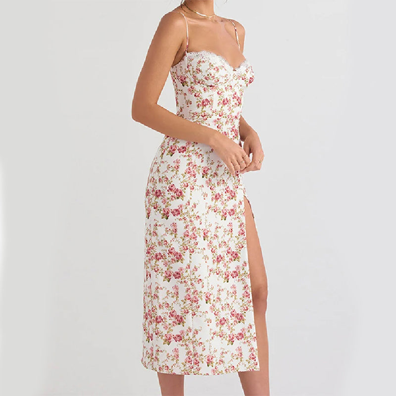 Lace Flowers Print Long Slit Suspender Dress