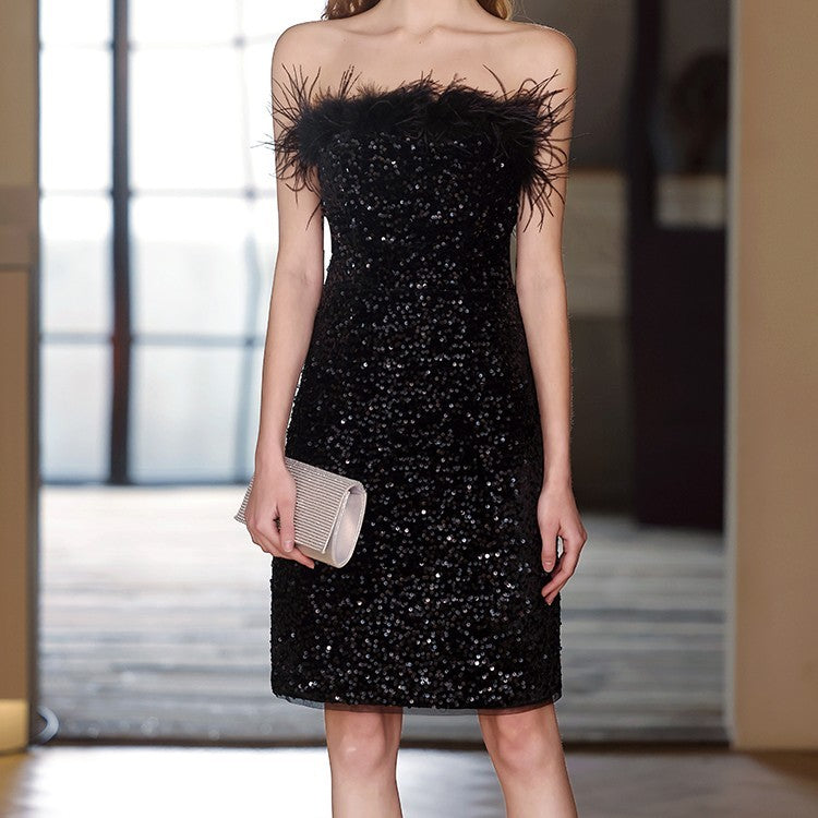Black Feather Sequins Off-shoulder Banquet Evening Dress