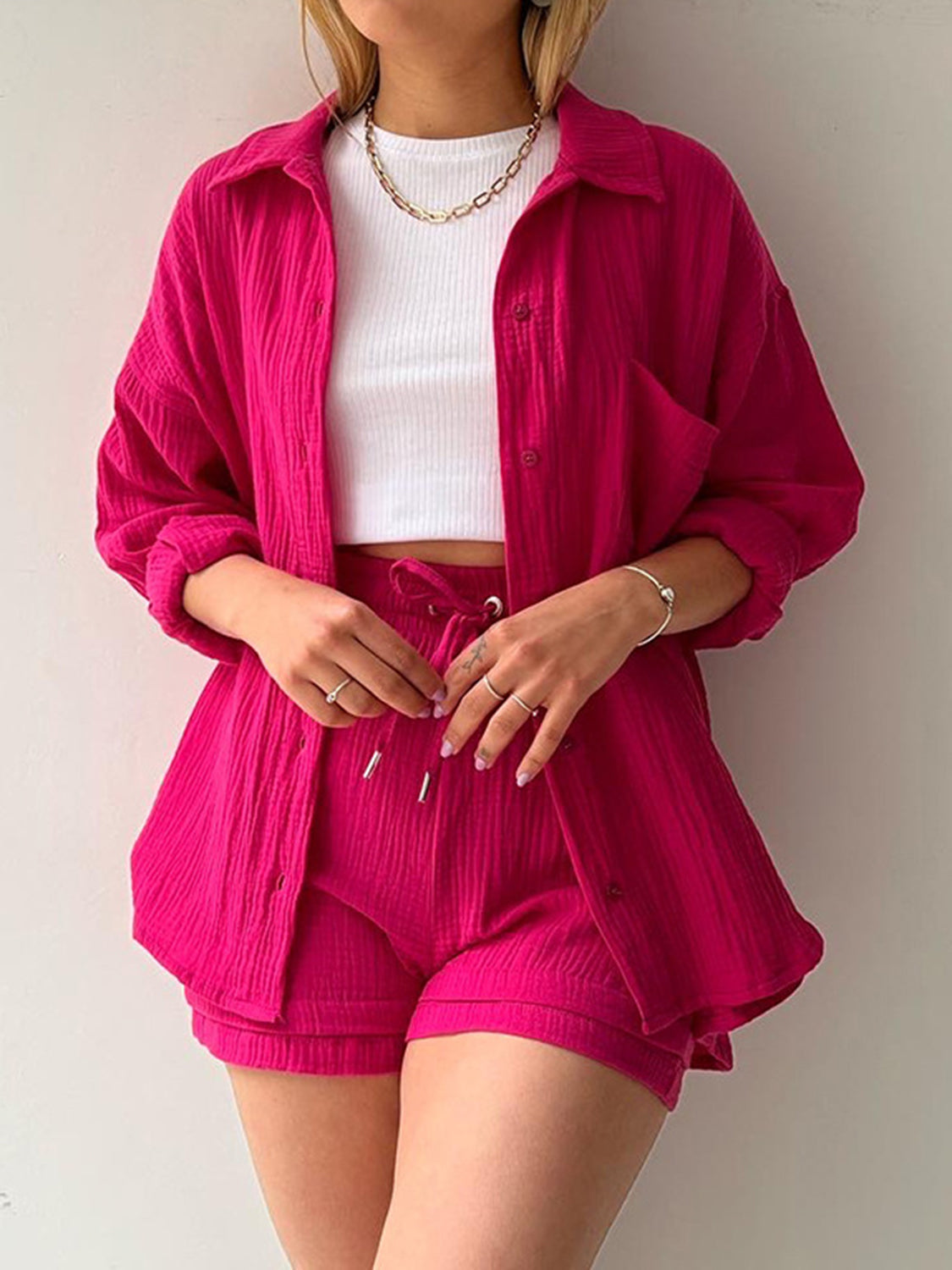 Casual Texture Button-Up Shirt and Drawstring Shorts Set