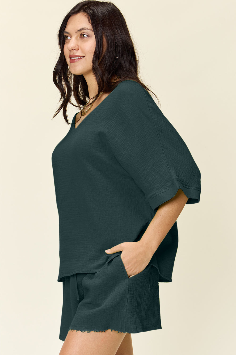 Double Take Texture T-Shirt and Drawstring Shorts Set