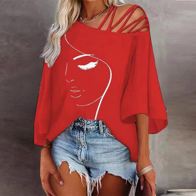 Feminine Face Print Off Shoulder Loose Casual Top