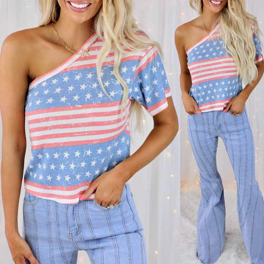 America Flag Printed Slanted Shoulder Top