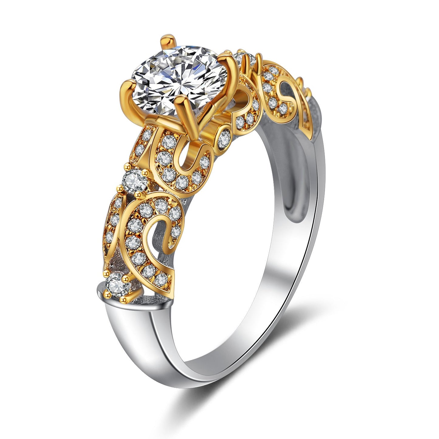 Ornate Silver/Gold Ornate CZ Diamond Ring Surrounded by Sparkling Gems.