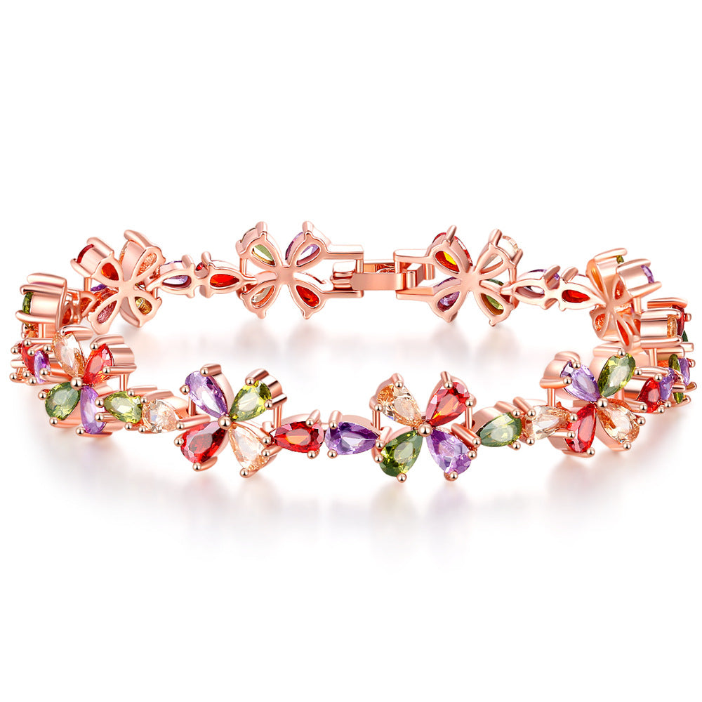 Rose Gold Colorful Flower Petals Zircon Bracelet Women