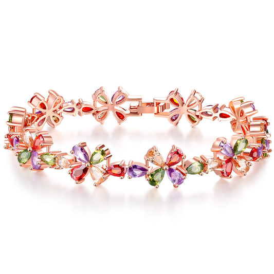 Rose Gold Colorful Flower Petals Zircon Bracelet Women