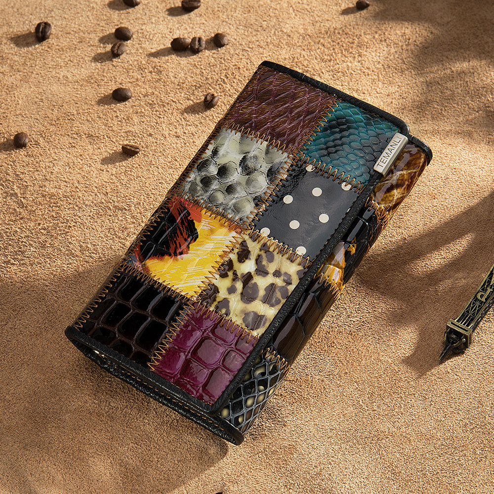 Luxury Genuine Leather Patchwork Long Wallet