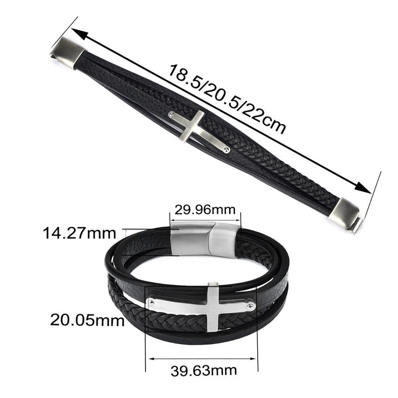 Silver Multilayer Leather Faith Cross Stainless Steel Bracelet.