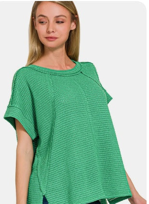 Green Waffle Exposed-Seam Short Sleeve T-Shirt