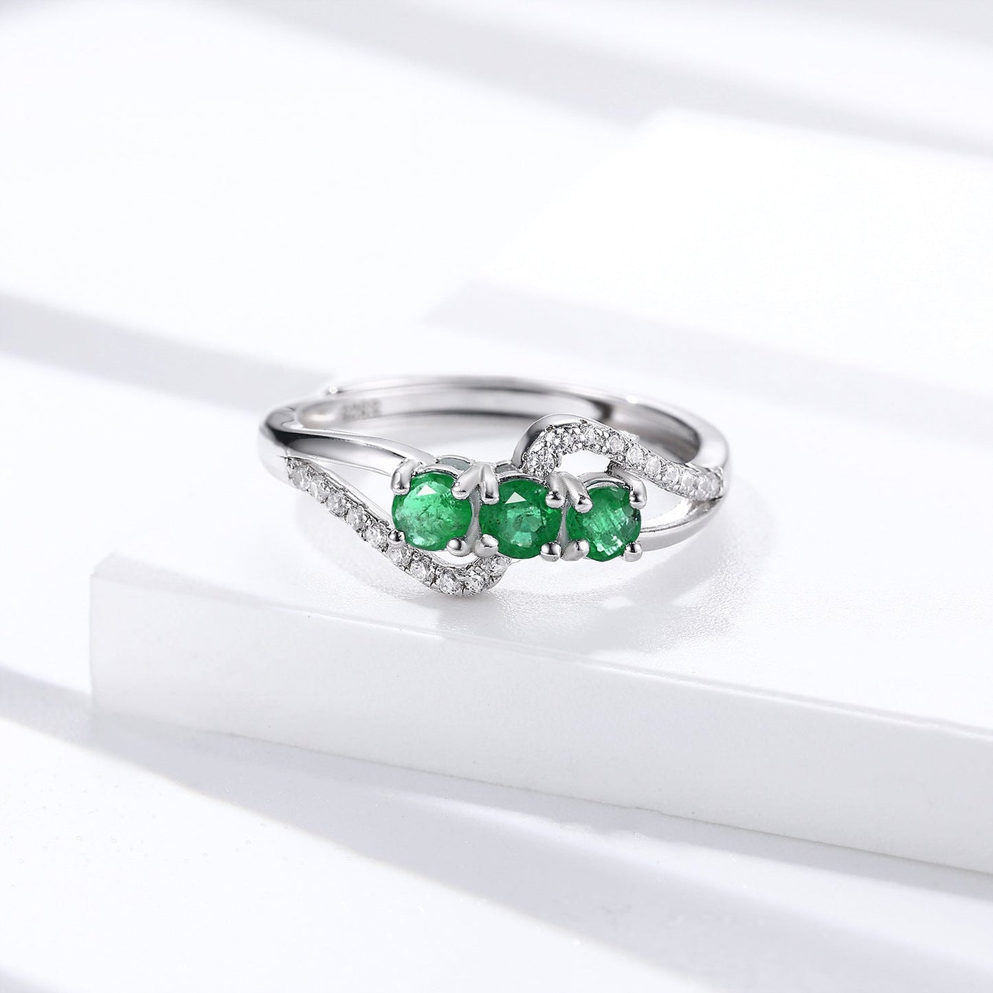 Classic 3 Stone Natural Emerald Ring 925 Sterling Silver - Fully Adjustable to Any Size.