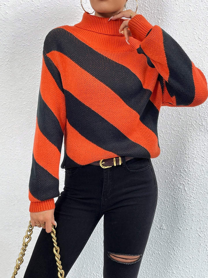 Vogue Striped Turtleneck Dropped Shoulder Sweater