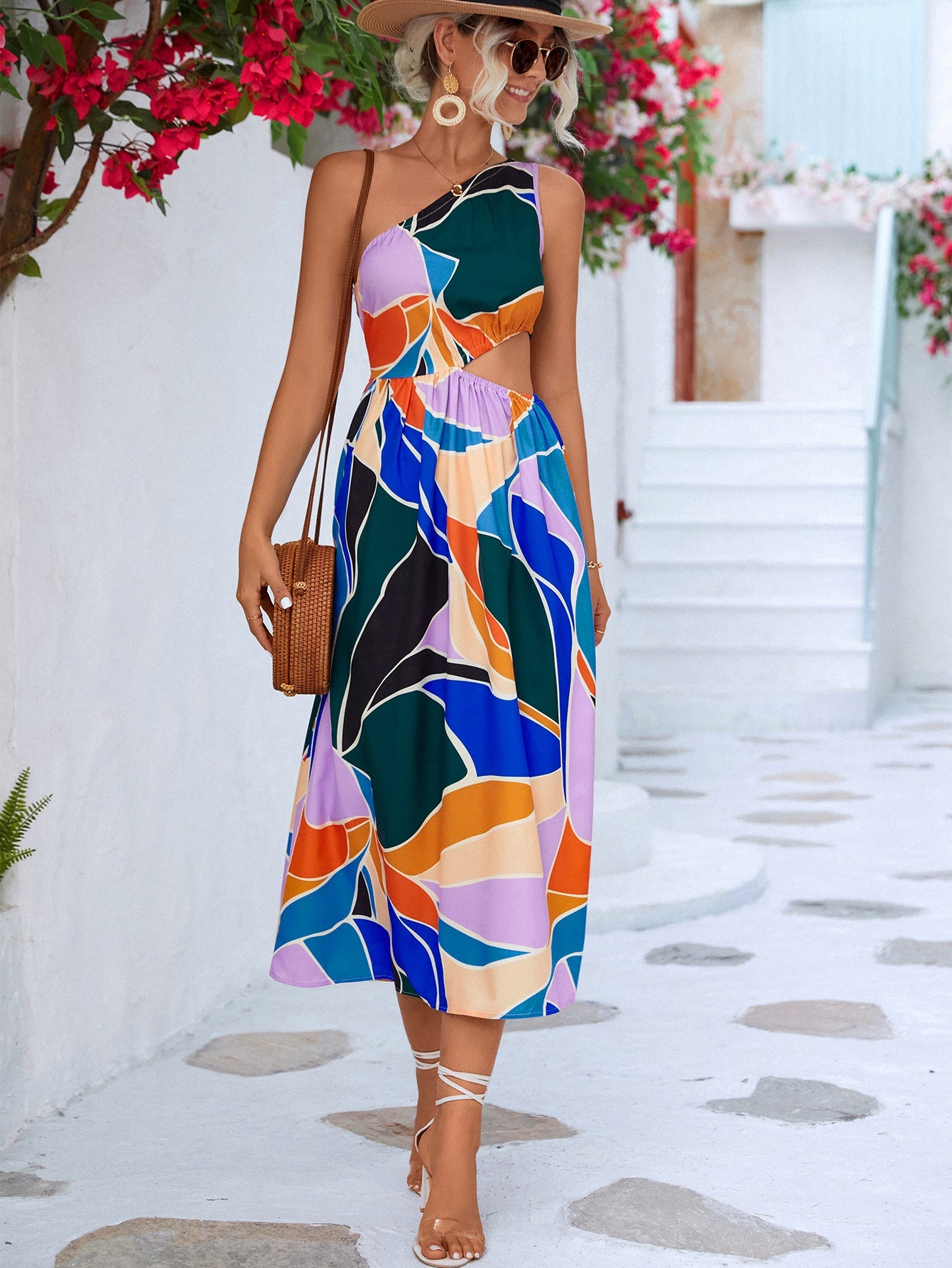 Vibrant Forest Cutout One-Shoulder Sleeveless Dress