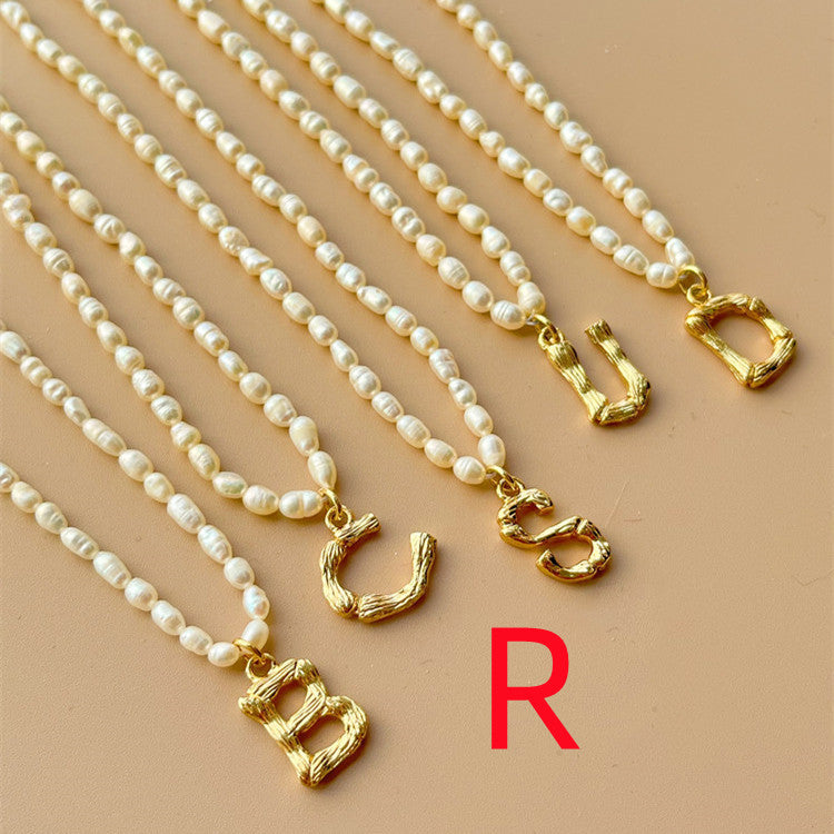 Custom Personalized Natural Freshwater Grain Pearl Letter Necklace Vintage Classic.