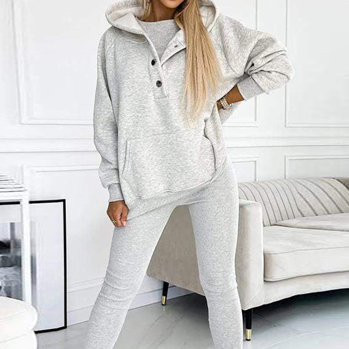 Sporty 3-Piece Suit w/ Loose Hooded Pockets Sweatshirt, Tank Top & Slim Trousers