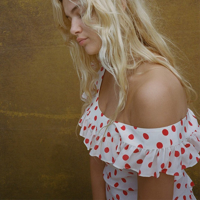 Ruffle Off-shoulder Polka Dot Print Silk Dress