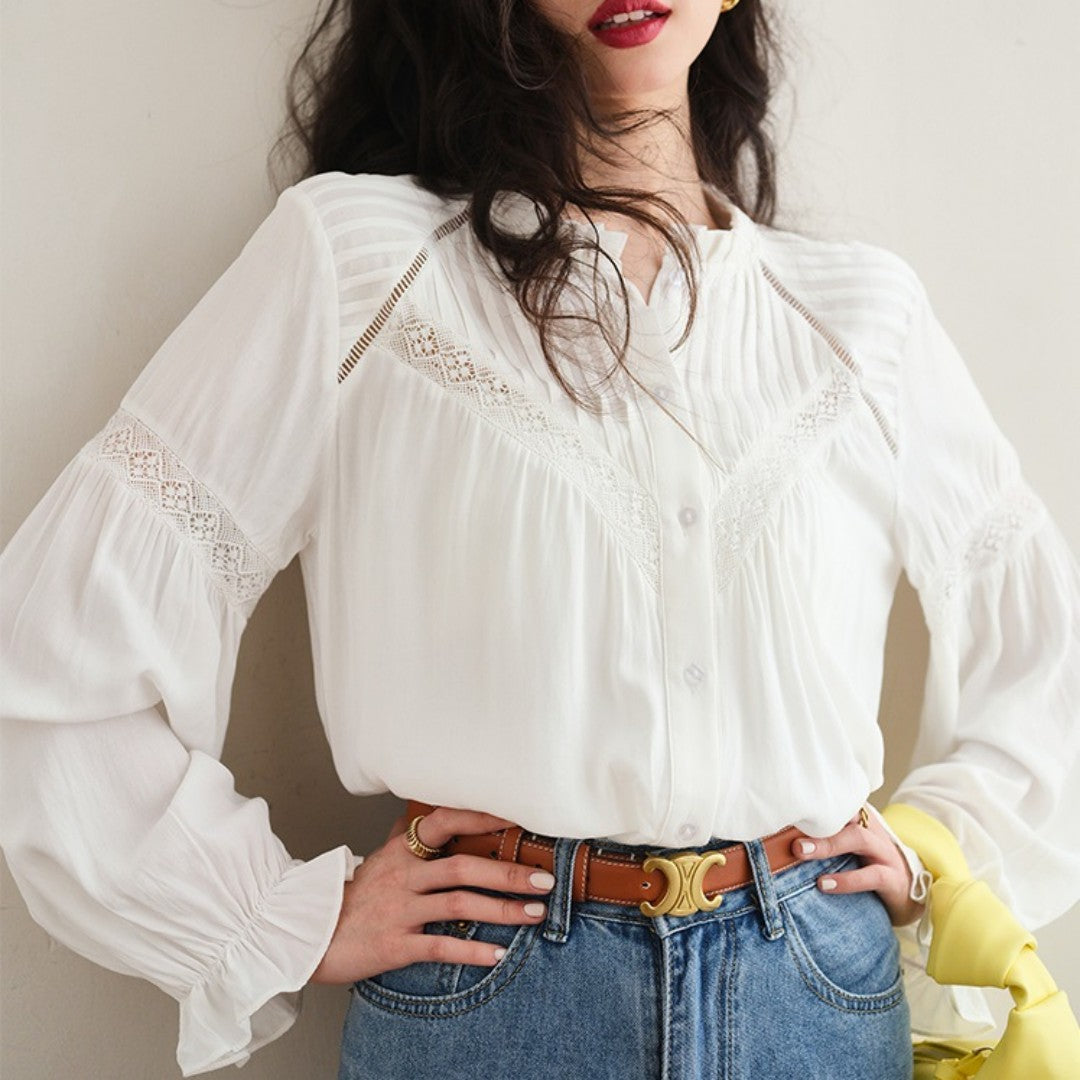 Early Spring Lace Stitching French Shirt