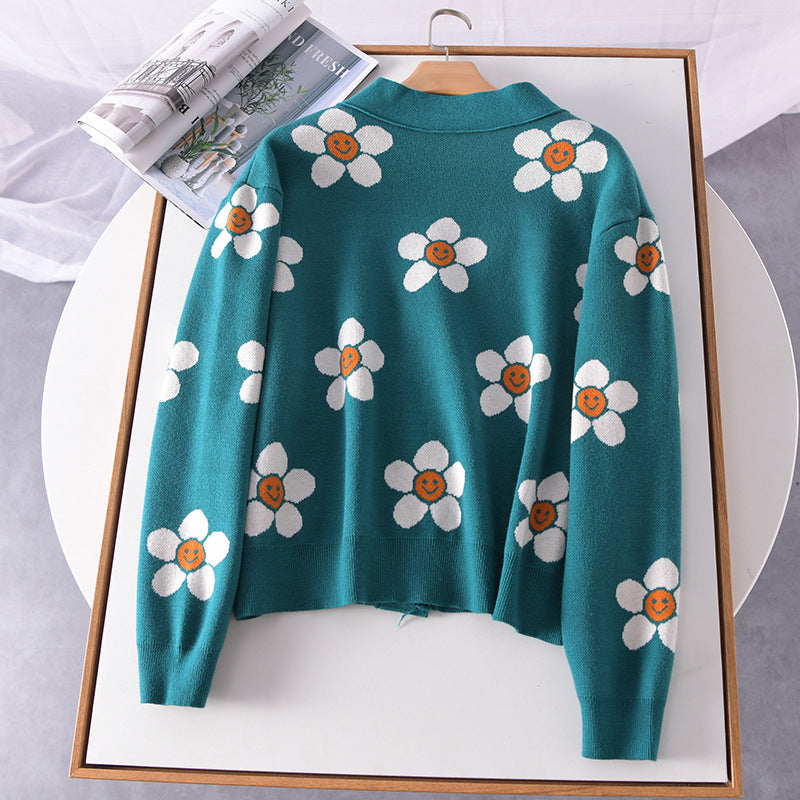 Sweeten Your Day Smiley Face Flower Knit Cardigan