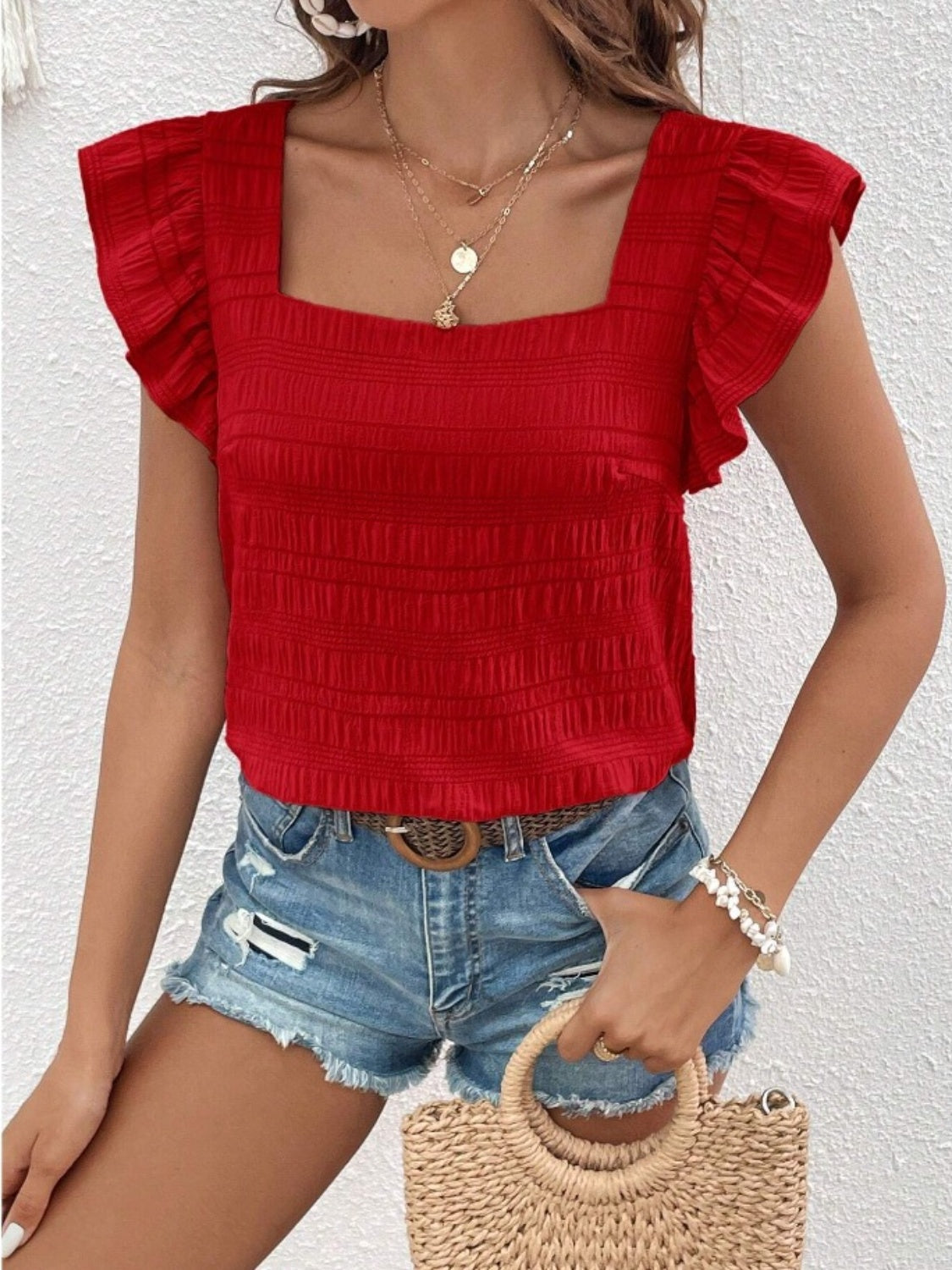 Ruffled Blouse with Square Neck & Cap Sleeve