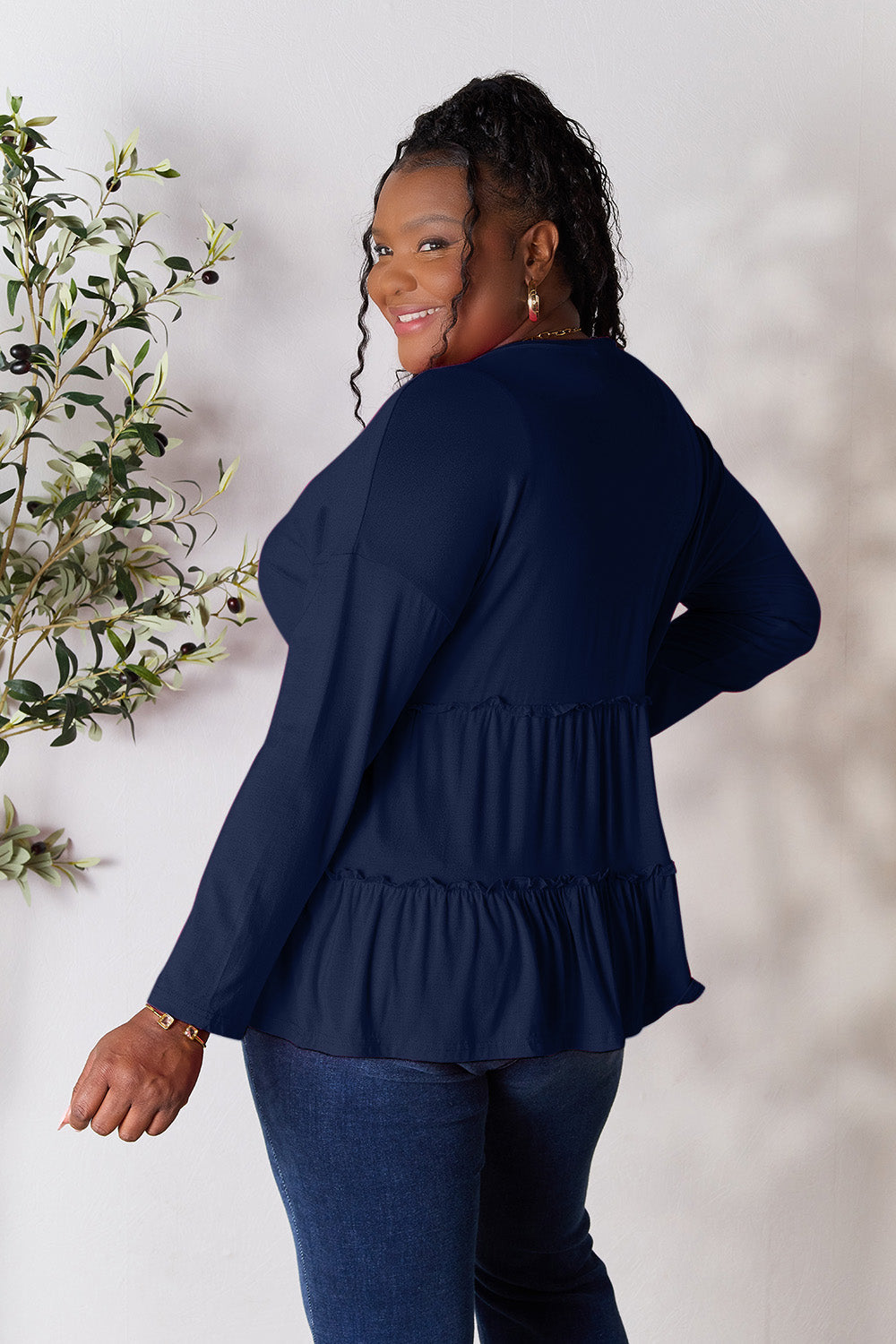 Comfy Ruffle Hem  Double Take Half Button Blouse & Long Sleeve