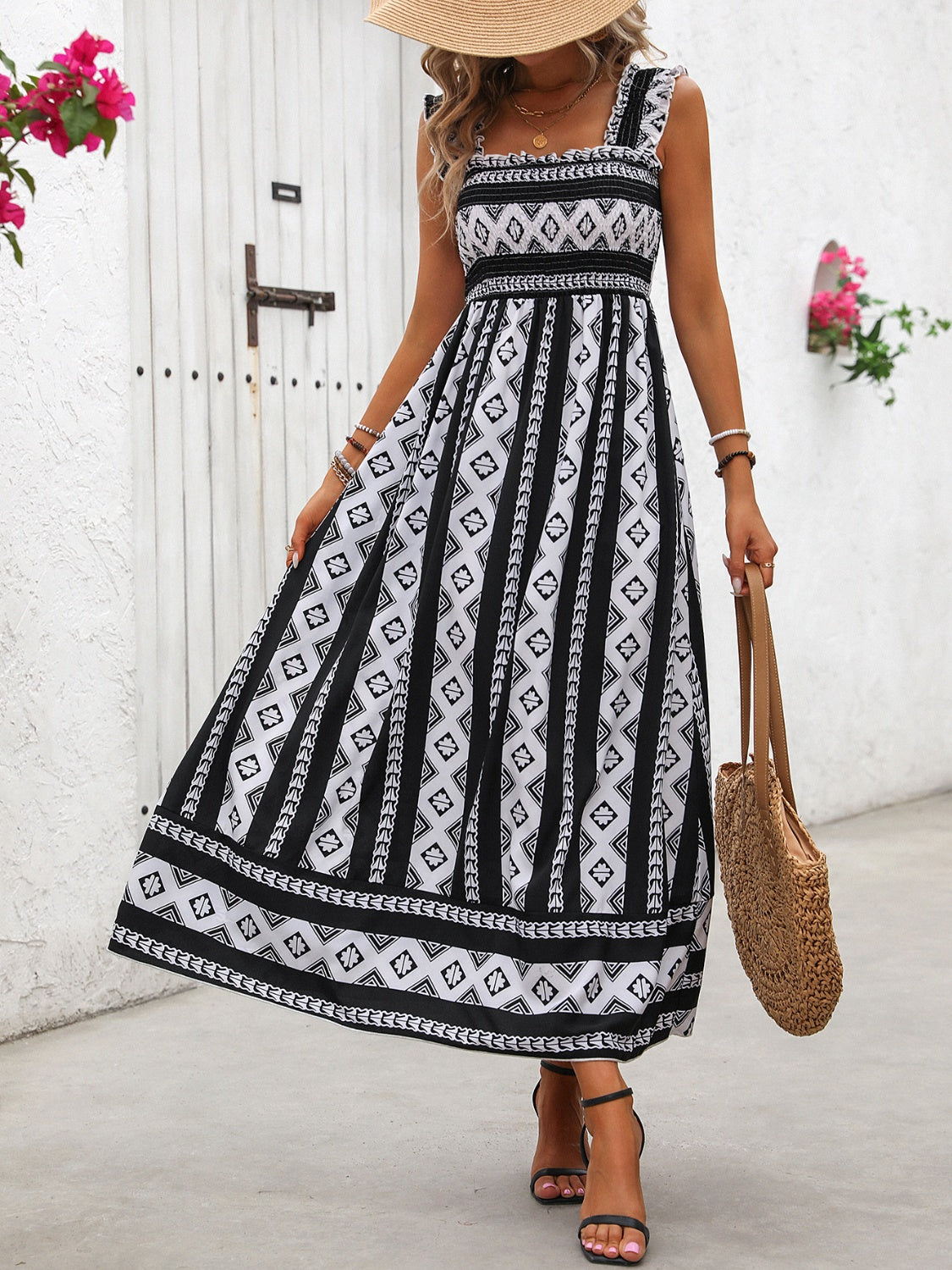 Black & White Wide Strap Printed Long Dress with Square Neck