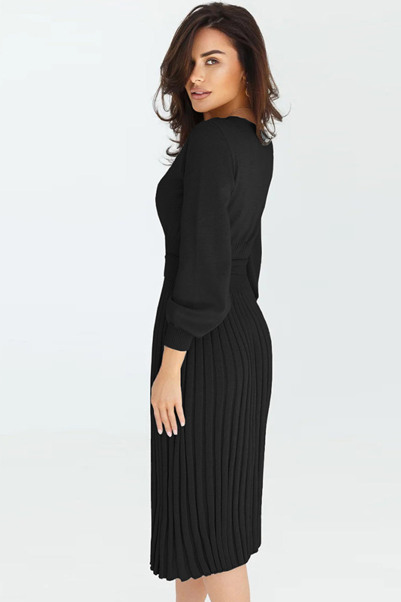 Round Neck Long Sleeve Pleated Midi Sweater Dress
