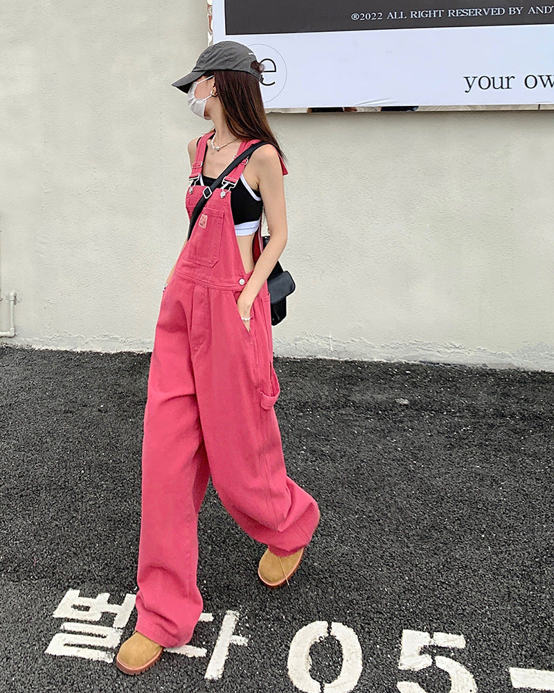 Rose Pink Denim Strap Loose Fitting Overalls