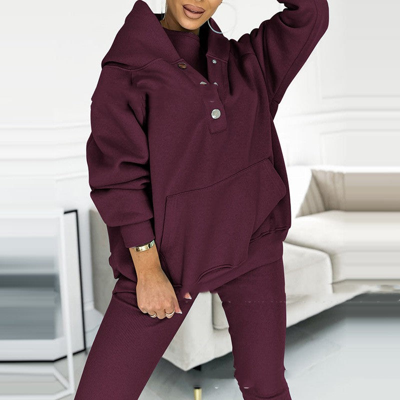 Sporty 3-Piece Suit w/ Loose Hooded Pockets Sweatshirt, Tank Top & Slim Trousers