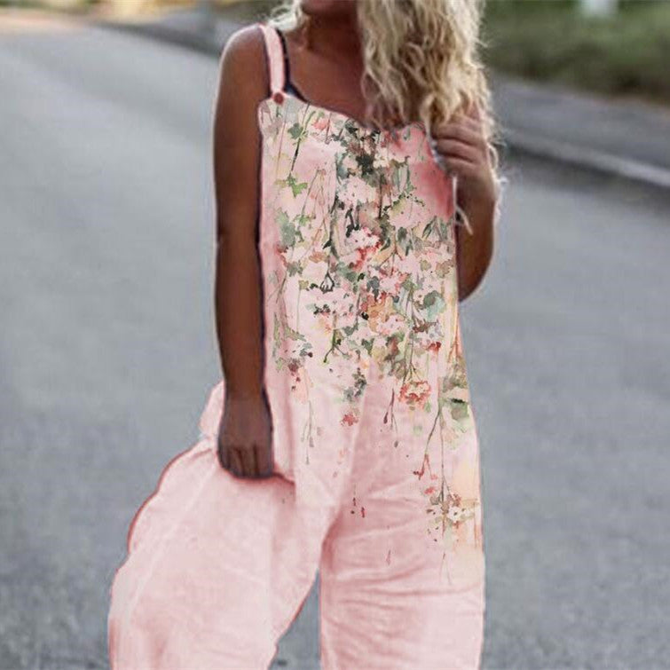 Floral Printed Loose Cotton And Linen Suspenders