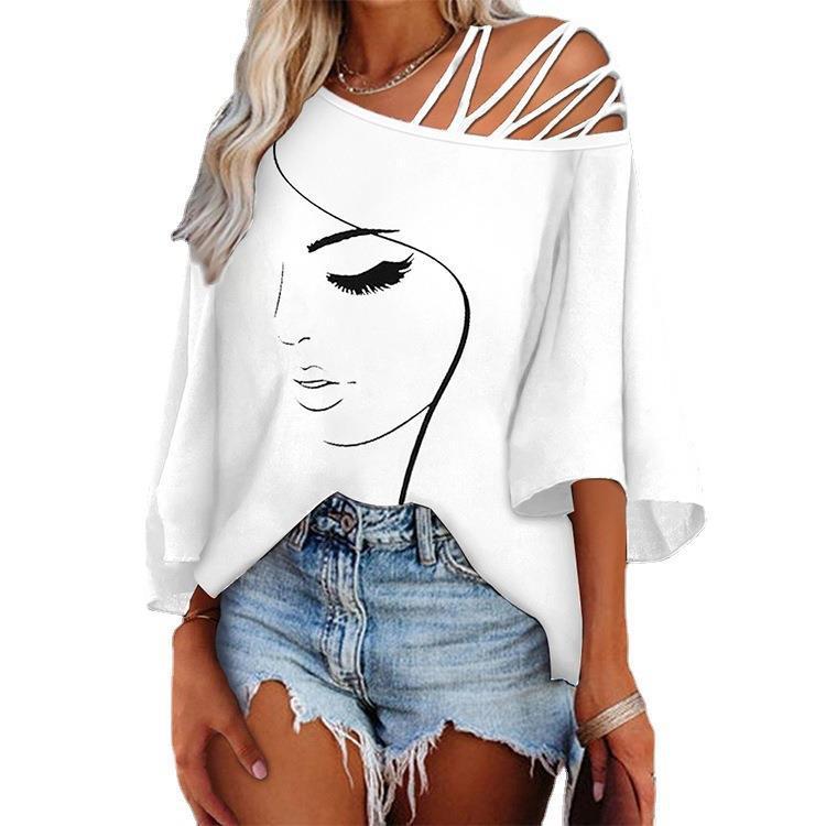 Feminine Face Print Off Shoulder Loose Casual Top