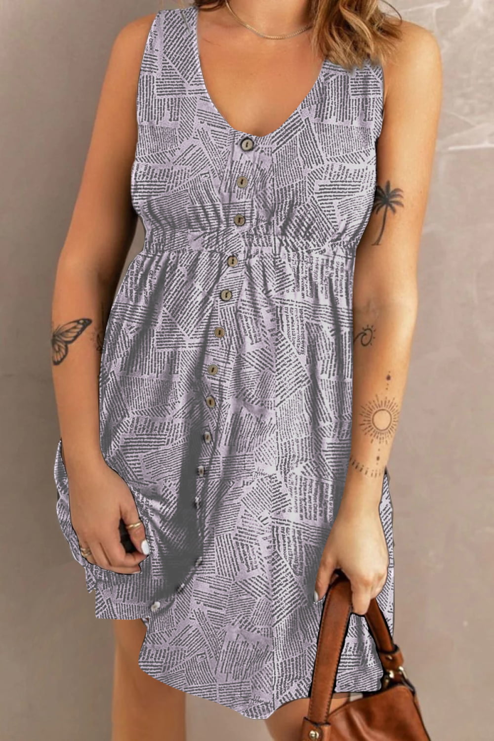 Chic Printed Scoop Neck Sleeveless Buttoned Dress with Pockets