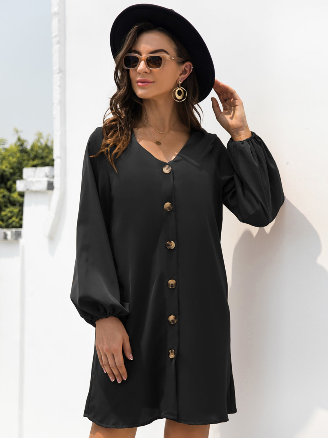 New Autumn  Mini Buttoned Dress with V-Neck & Long Sleeves
