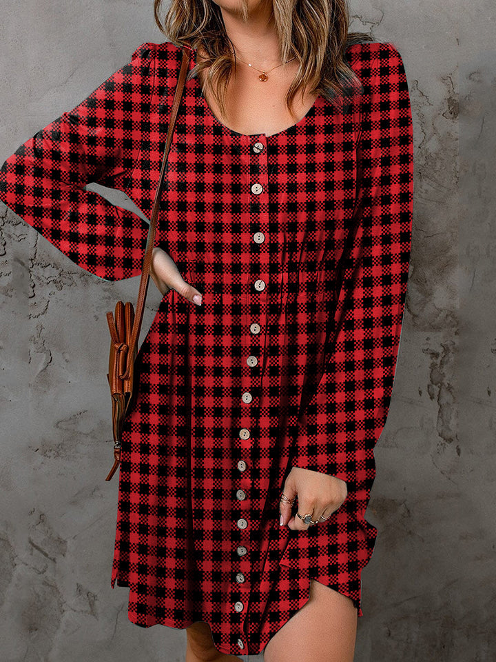 Red Black Checkerboard Round Neck Dress Buttoned w/ Long Sleeve