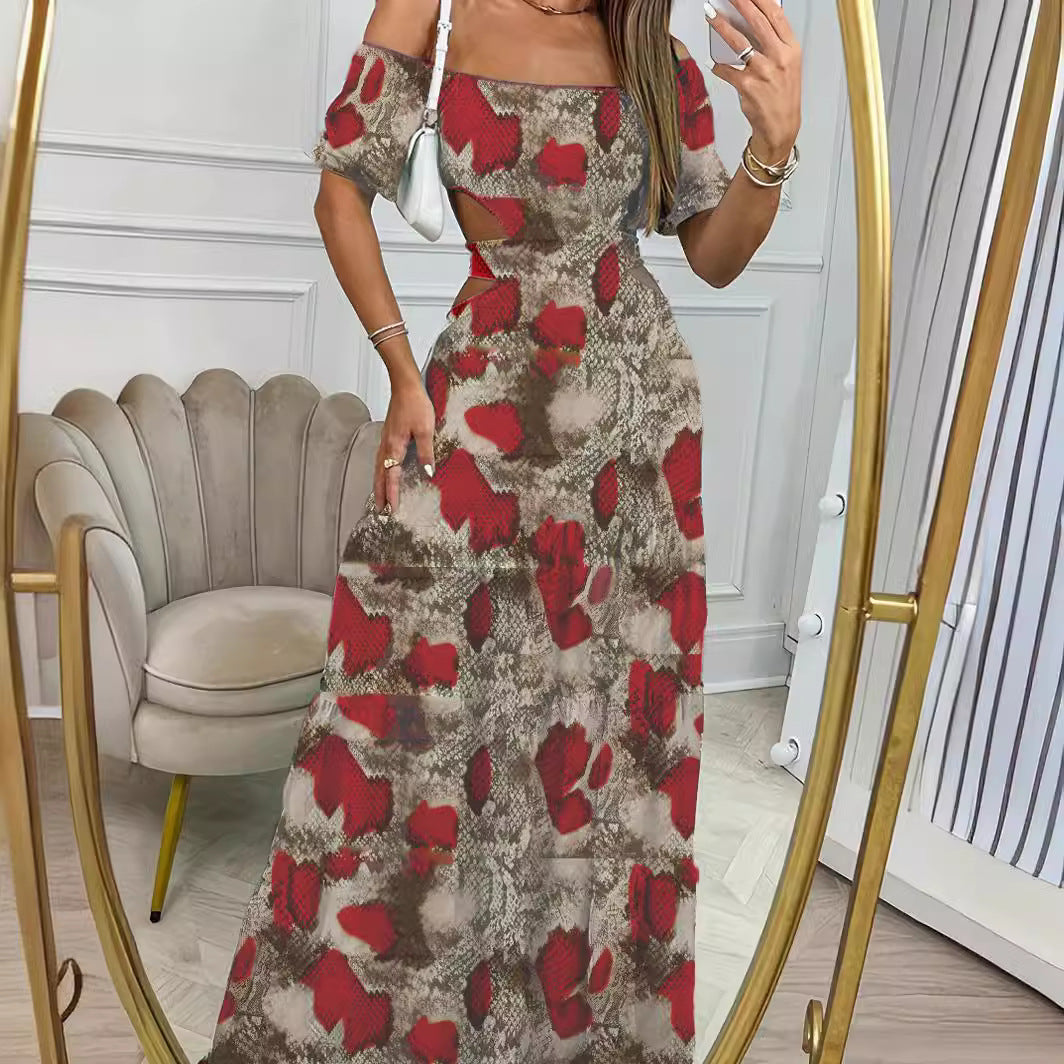 Floral Summer Ruffle Maxi Dress with Hollow Waist Design & Short-Sleeved