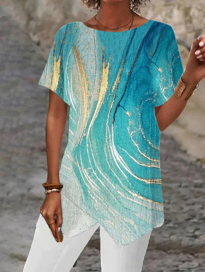 Geometric Printed Loose Short Sleeve Irregular Hem T-shirt