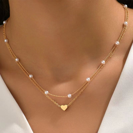 Special Design Double Layer Twin Pearl Heart Necklace.