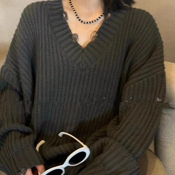 Oversize V-Neck Knitwear Pullover Sweater-One Size