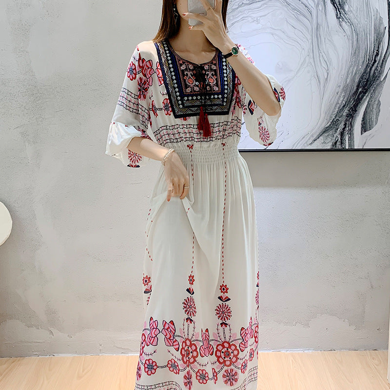 Artsy Crew Neck Ruffle Half Sleeve Silky Dress