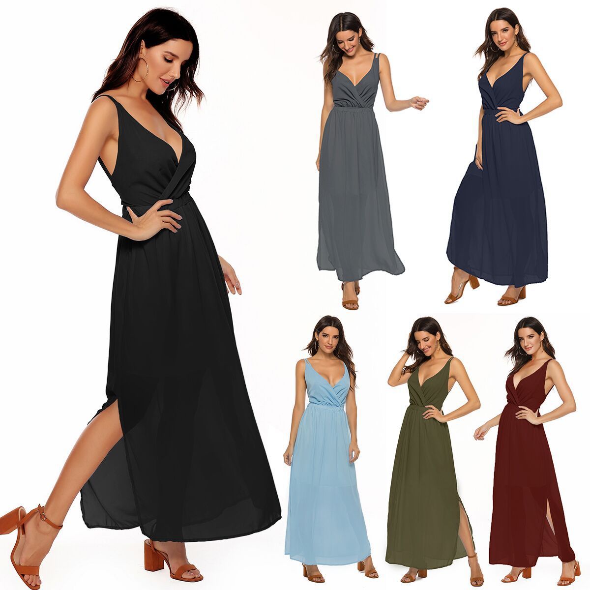 Chiffon Casual Strap Backless Swing Maxi Sling Dress