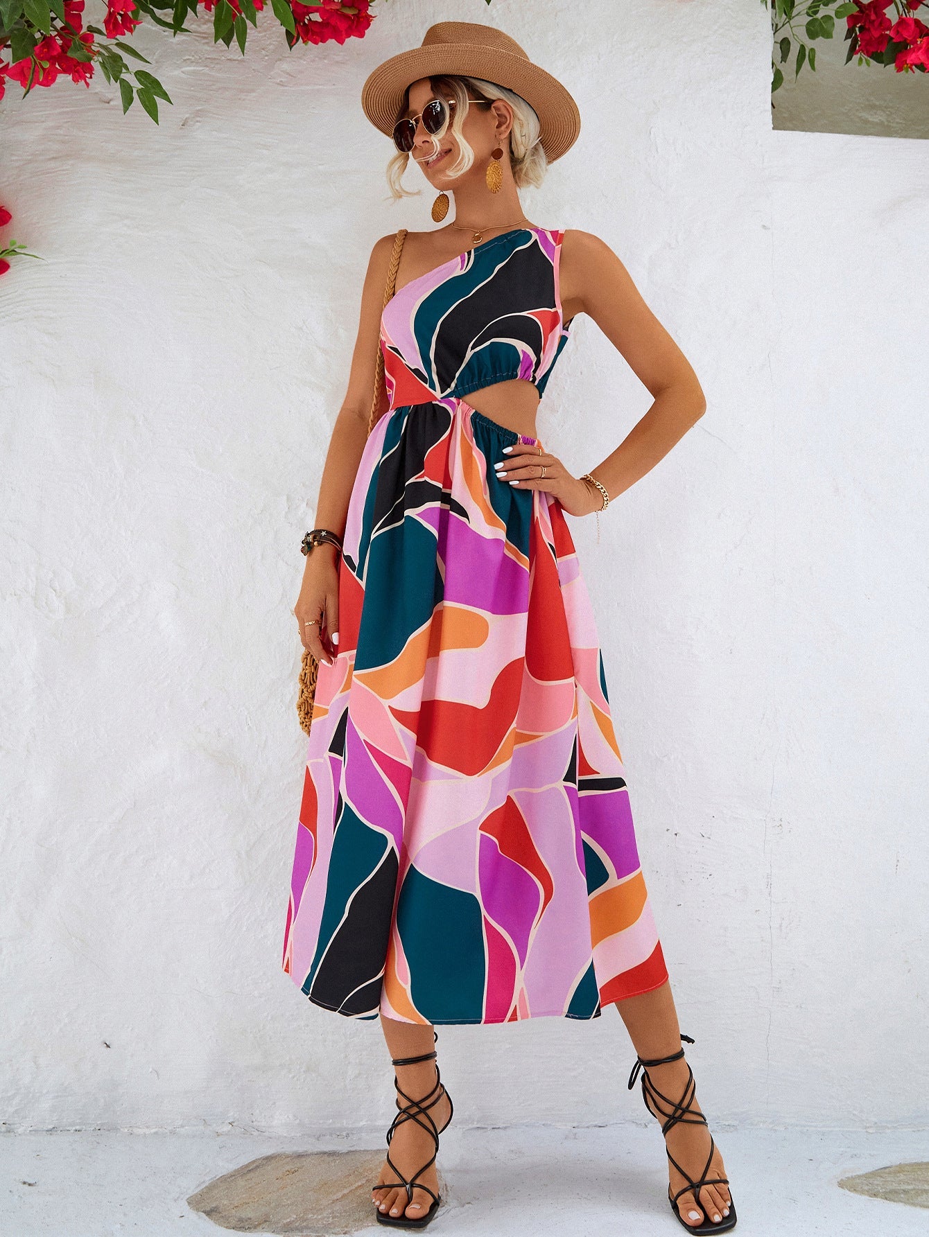 Vibrant Forest Cutout One-Shoulder Sleeveless Dress