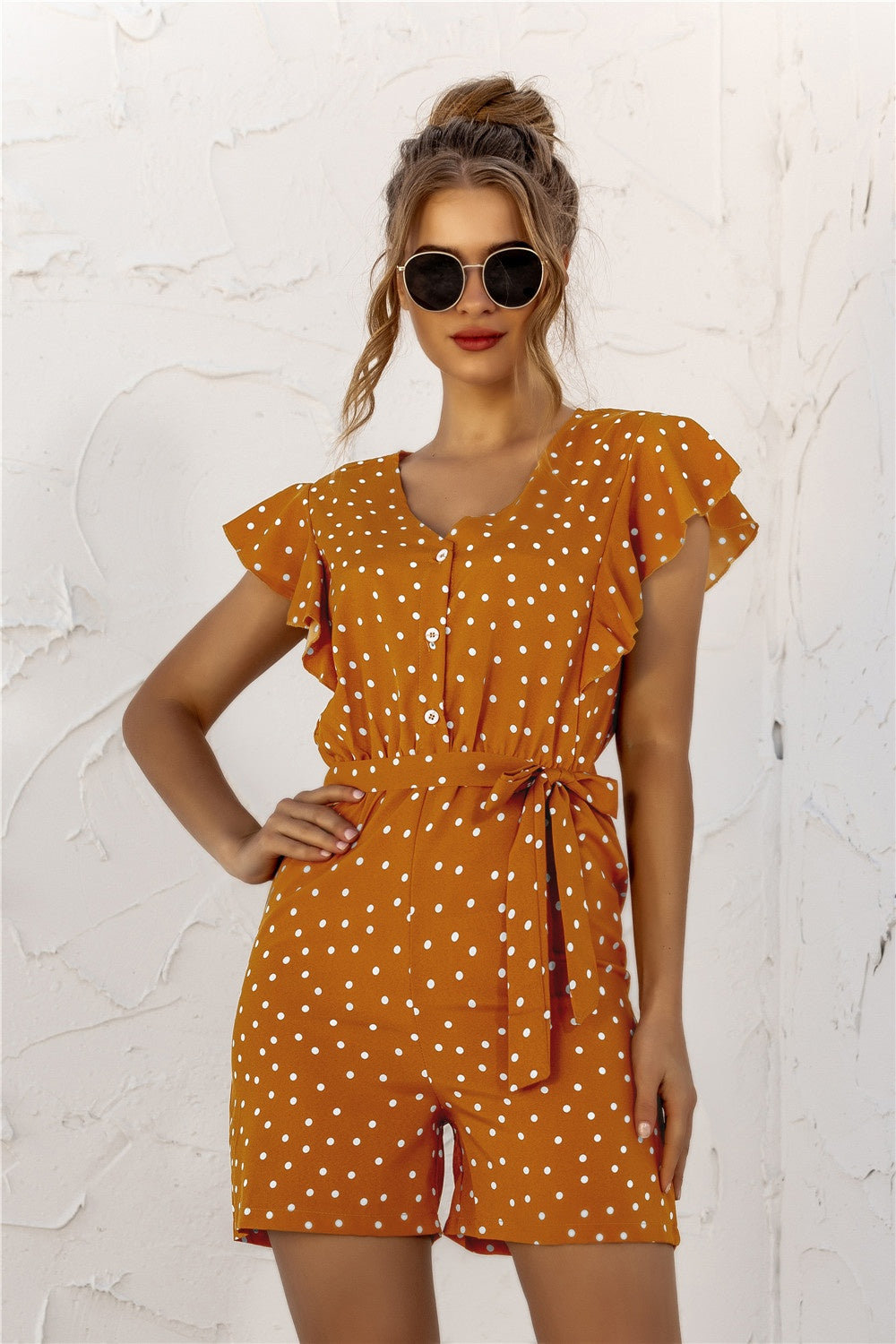 Dotty Vibes Ruffled Polka Dot Half Button Romper