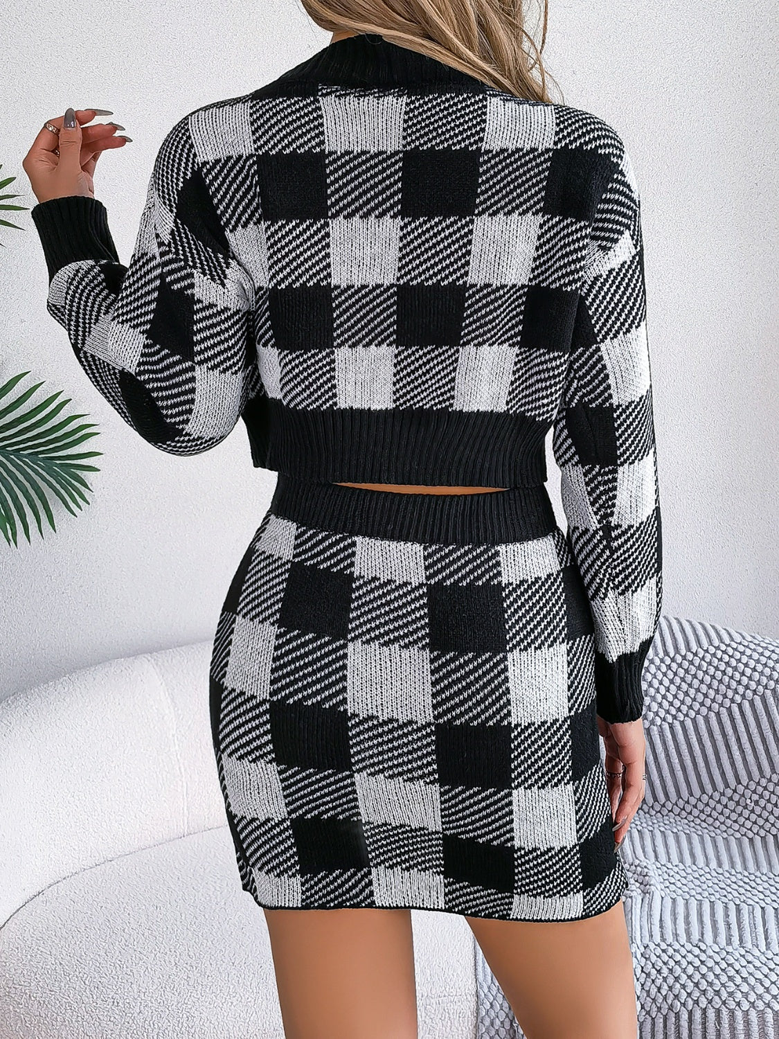 Trendy Tartan Plaid Round Neck Top & Skirt Sweater Set