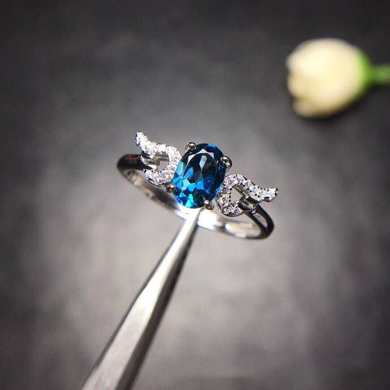 Deep Blue Oval Cut Topaz 925 Sterling Silver Ring.