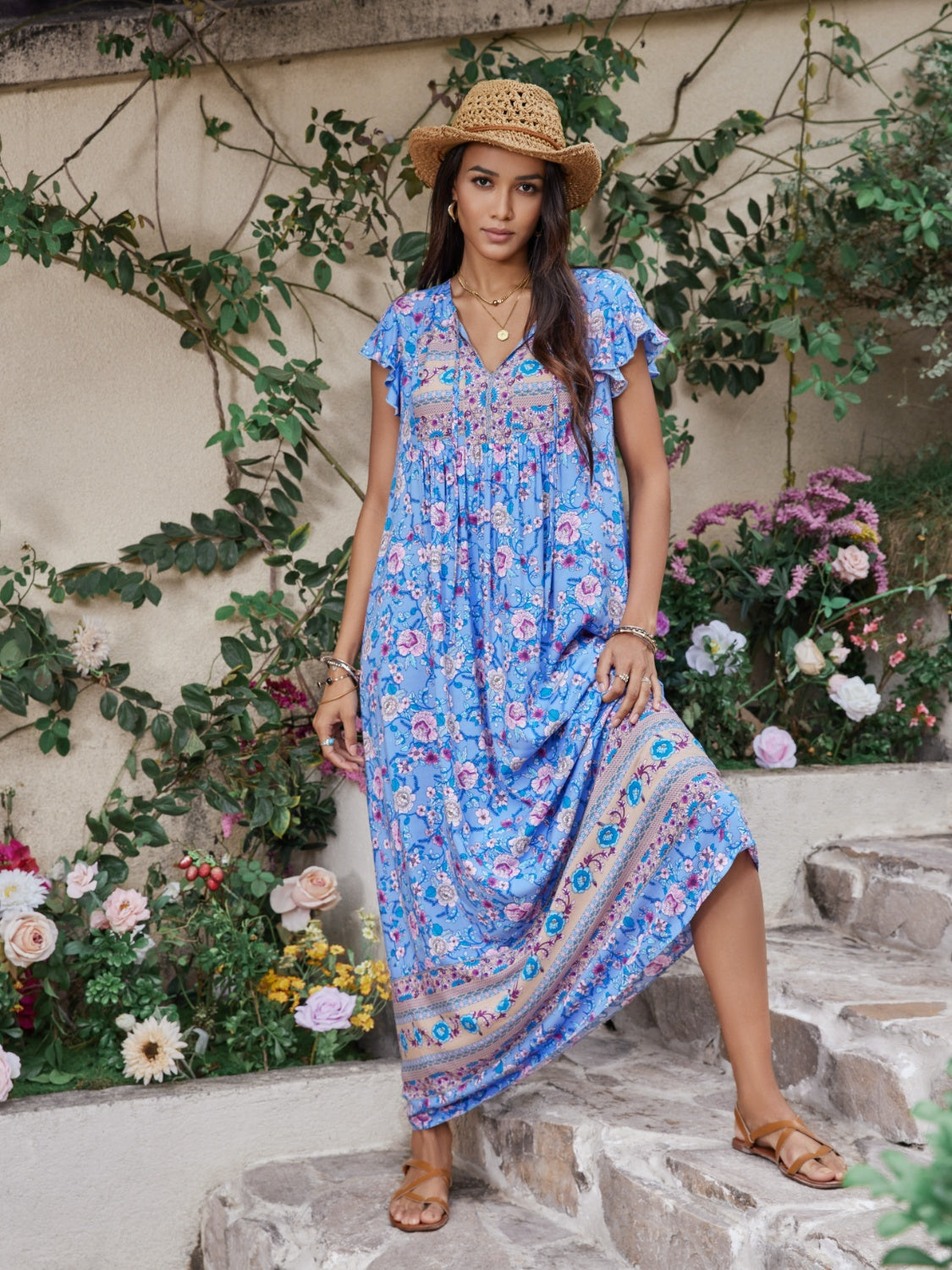 Meadow Bloom Printed Tie Neck Cap Sleeve Dress