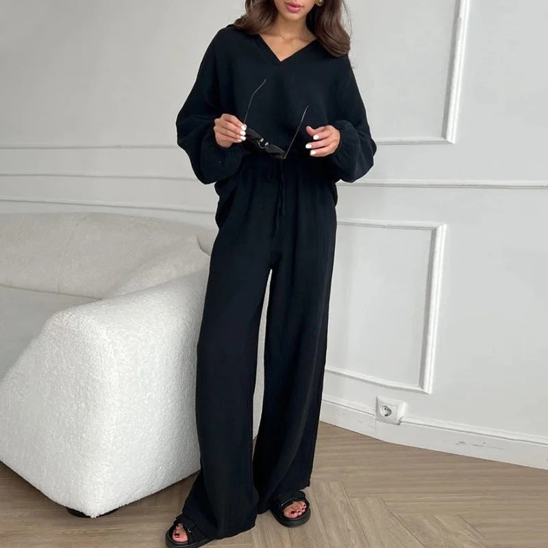 Casual Loose Long Sleeve Top Drawstring Trouser Set