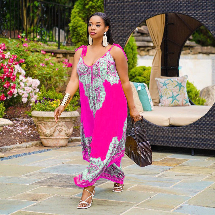 Printed Vibrant Fashion Loose Suspenders Jumpsuit